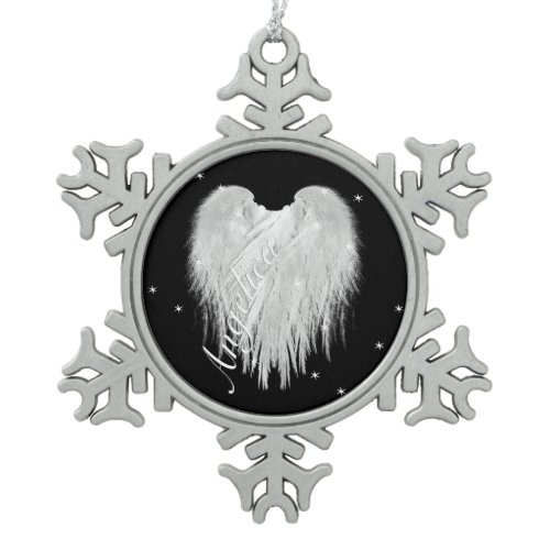ANGEL WINGS Heart Black Starry Snowflake Pewter Christmas Ornament