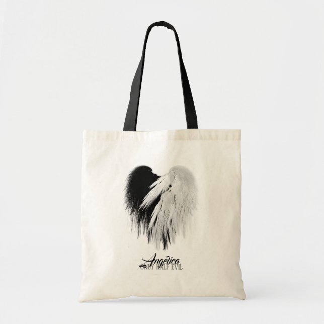 ANGEL WINGS HEART Black+White Only Half Evil Funny Tote Bag (Front)