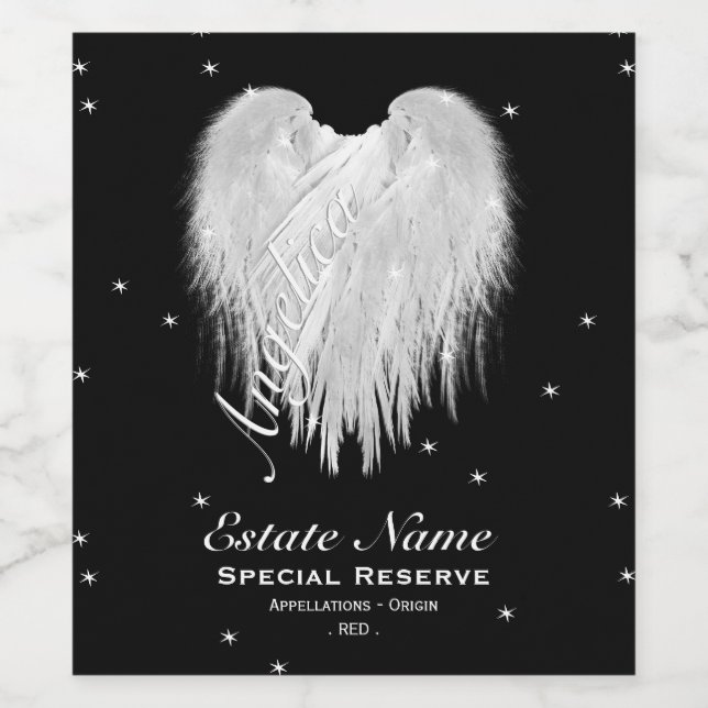 ANGEL WINGS Heart Starry Night Black Wine Label (Single Label)