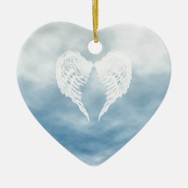 Angel Wings in Cloudy Blue Sky Ceramic Ornament (Front)