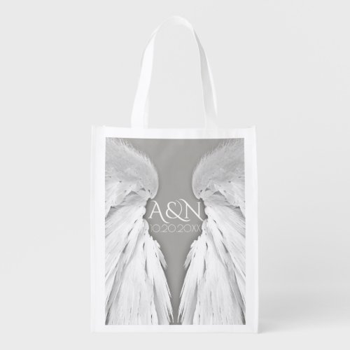 ANGEL WINGS Initials Elegant Grey Wedding Grocery Bag