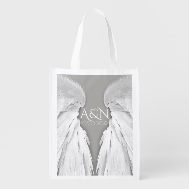 ANGEL WINGS Initials Elegant Grey Wedding Grocery Bag (Front)