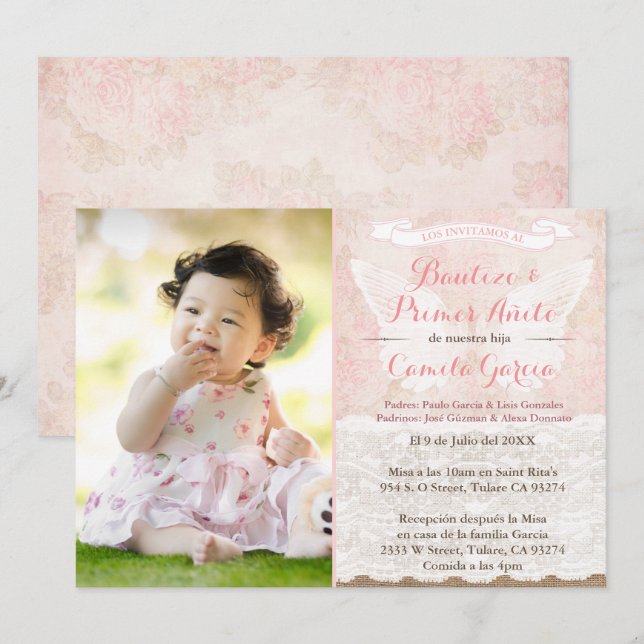 Angel Wings Latina Baptism & 1st Birthday Party Invitation (Front/Back)