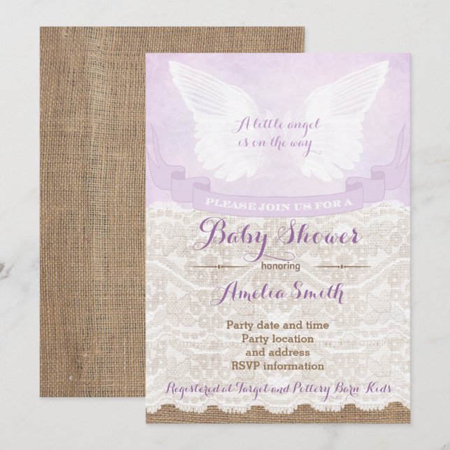 Angel Wings Lilac Baby Shower Party Invitation (Front/Back)