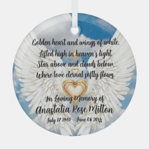 Angel Wings Memorial Design with Golden Heart Glass Ornament