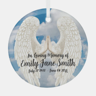 Angel Wings Memorial Design with Praying Hands Glass Ornament