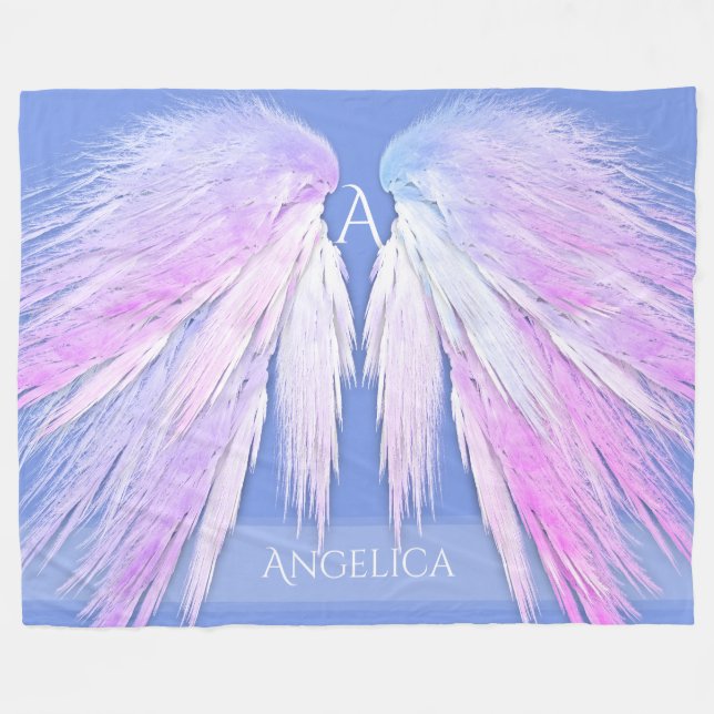 ANGEL WINGS Monogram Dreamy Pink Soft Blue Fleece Blanket (Front (Horizontal))