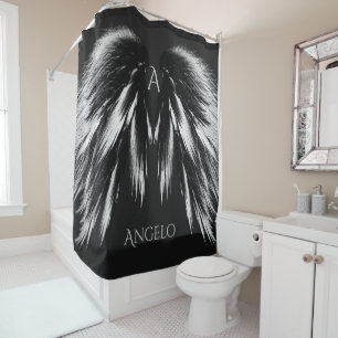 ANGEL WINGS Monogram Gray Black Shower Curtain