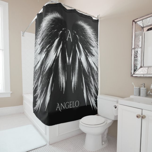 ANGEL WINGS Monogram Gray Black Shower Curtain (In Situ)