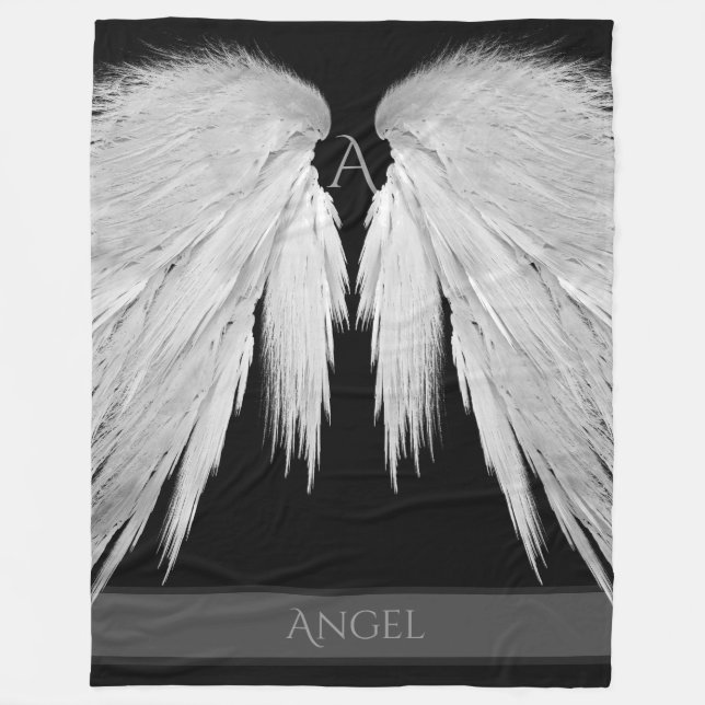 ANGEL WINGS Monogram Name Black Fleece Blanket (Front)