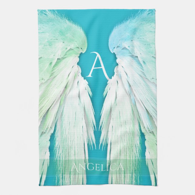 ANGEL WINGS Monogram Name Fresh Ombre Kitchen Towel (Vertical)