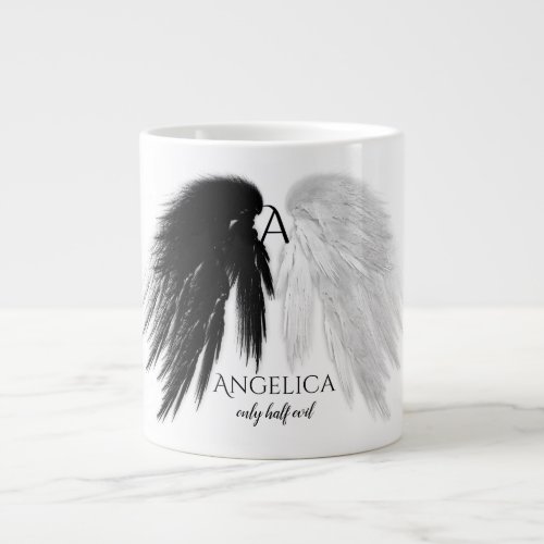 ANGEL WINGS Only Half Evil Monogram Funny Giant Coffee Mug