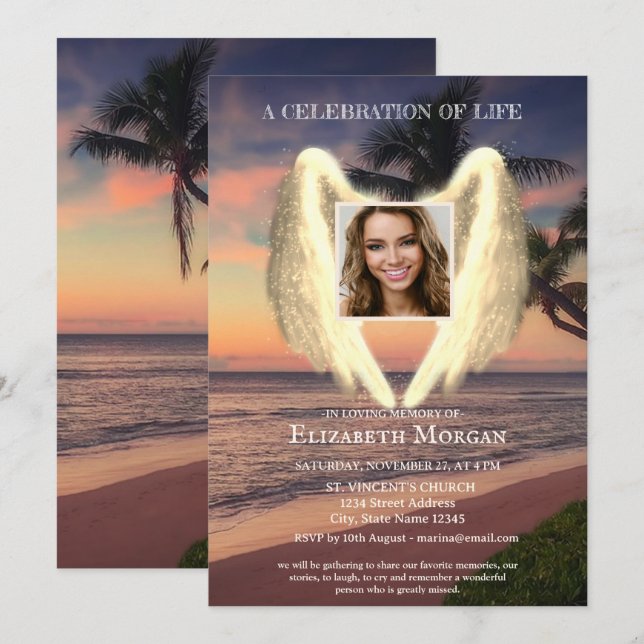 Angel Wings Palm Sunset Photo Celebration Of Life Invitation (Front/Back)