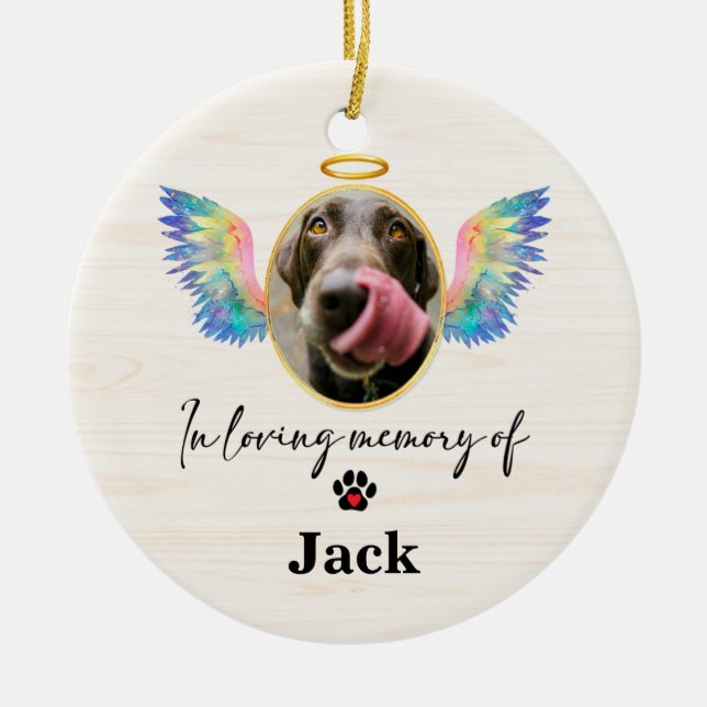 Angel Wings Personalized Dog Memorial Ceramic Ornament (Front)