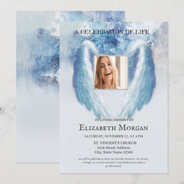 Angel Wings Photo Blue Celebration Of Life Invitation (Front/Back)