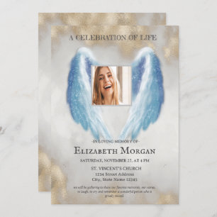 Angel Wings Photo Gold Celebration Of Life Invitation