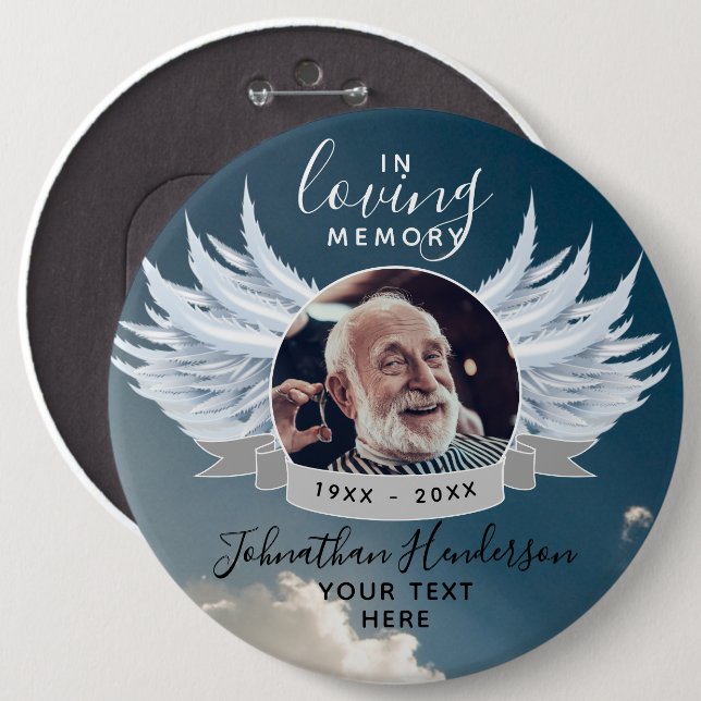 Angel Wings Photo Loving Memory Funeral/Memorial Button (Front & Back)