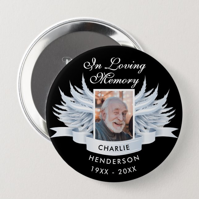 Angel Wings Photo Loving Memory Funeral/Memorial Button (Front & Back)