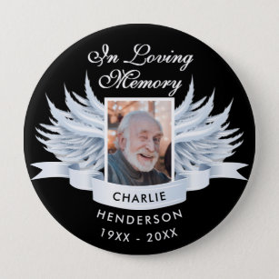 Angel Wings Photo Loving Memory Funeral/Memorial Button