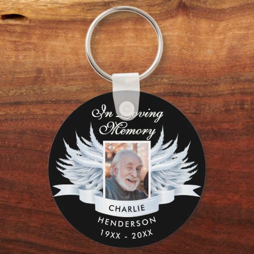 Angel Wings Photo Loving Memory Funeral/Memorial Keychain | Zazzle