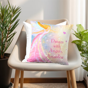 Angel Wings Pink Blue Heart Dream Watercolor Name Throw Pillow