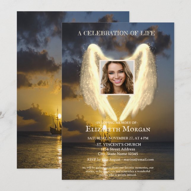 Angel Wings Sailboat Photo Celebration Of Life Invitation (Front/Back)