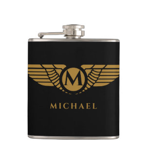 Angel Wings Vintage Golden Name Initial Monogram Flask