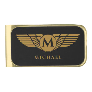 Angel Wings Vintage Golden Name Initial Monogram   Gold Finish Money Clip