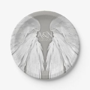 ANGEL WINGS Wedding Couple Initials Elegant Grey Paper Plates