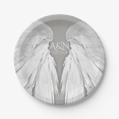 ANGEL WINGS Wedding Couple Initials Elegant Grey Paper Plates