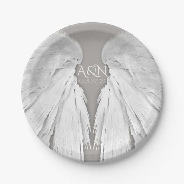 ANGEL WINGS Wedding Couple Initials Elegant Grey Paper Plates (Front)