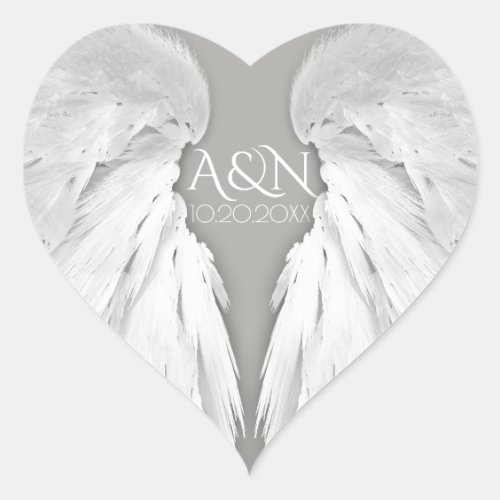 ANGEL WINGS Wedding Initials Elegant Grey Heart Sticker