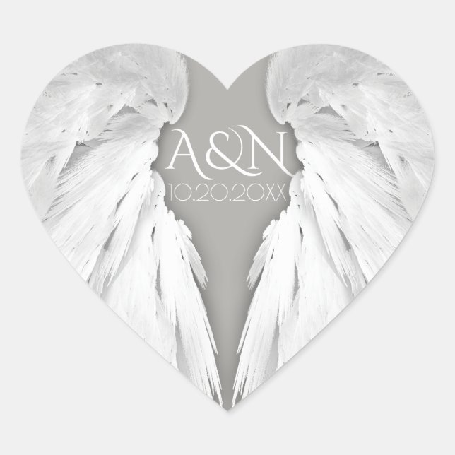 ANGEL WINGS Wedding Initials Elegant Grey Heart Sticker (Front)