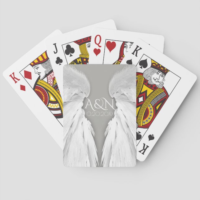 ANGEL WINGS Wedding Initials Elegant Grey Poker Cards (Back)