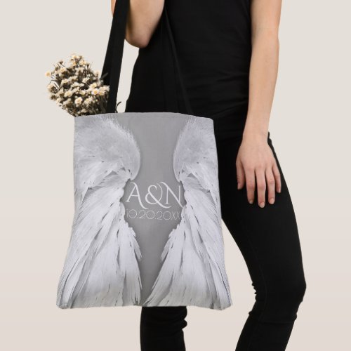 ANGEL WINGS Wedding Initials Elegant Grey Tote Bag