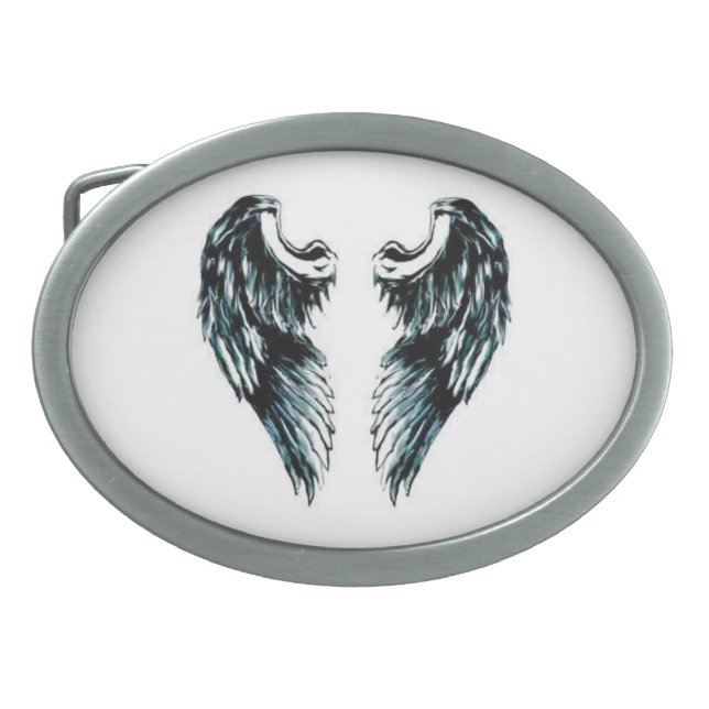 Angel Wings white and black over a white backing . Belt Buckle (Front)