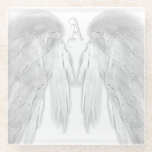 ANGEL WINGS White Custom Monogram Glass Coaster