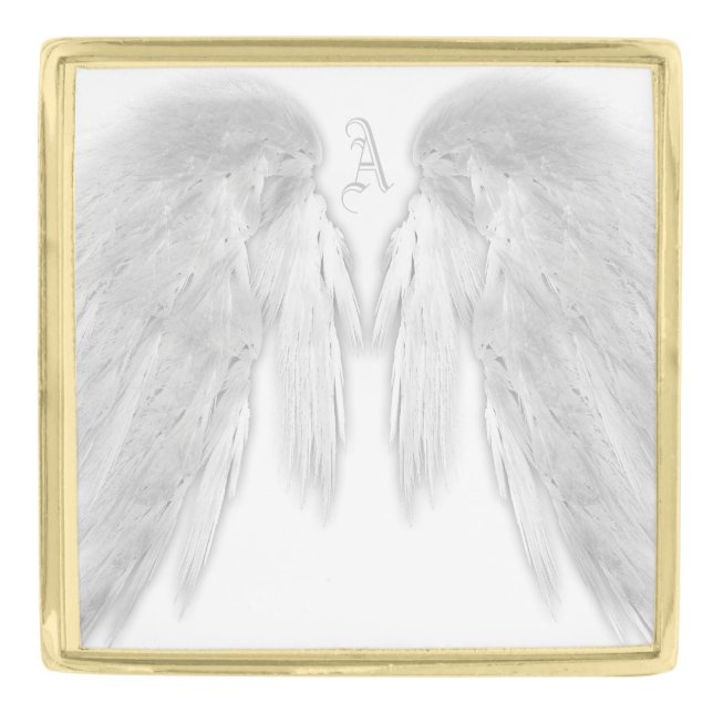ANGEL WINGS White Custom Monogram Gold Finish Lapel Pin (Front)
