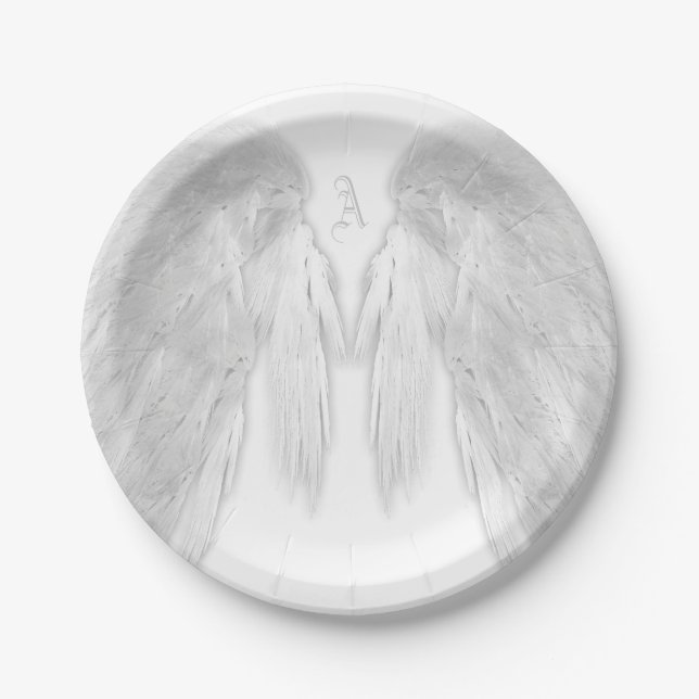 ANGEL WINGS White Custom Monogram Paper Plates (Front)