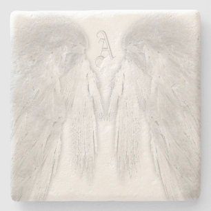 ANGEL WINGS White Custom Monogram Stone Coaster