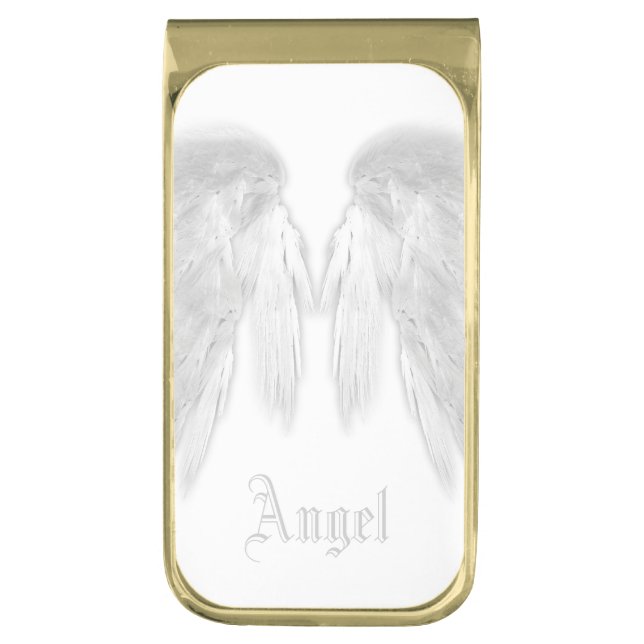 ANGEL WINGS White Custom Name Gold Finish Money Clip (Front Vertical)
