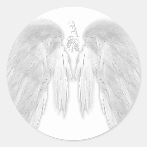 ANGEL WINGS White Heavenly Holly Monogram Classic Round Sticker