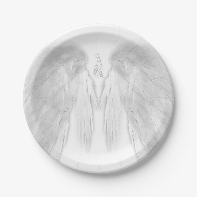 ANGEL WINGS White Heavenly Holly Monogram Paper Plates (Front)
