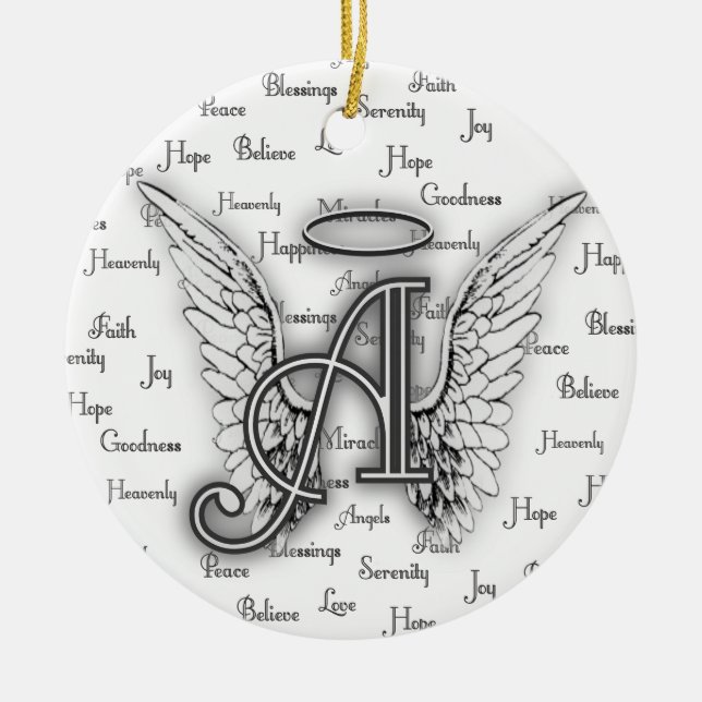 Angel Wings with Positive Words Monogram A Ceramic Ornament (Front)