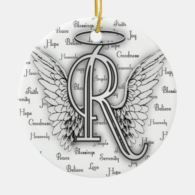 Angel Wings with Positive Words Monogram R Ceramic Ornament (Front)