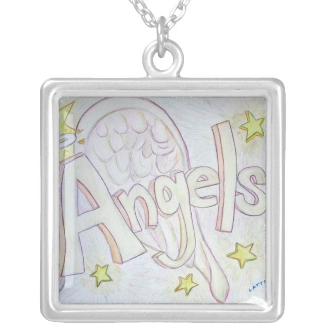Angel Wings Word Painting Silver Charm Necklace (Front)