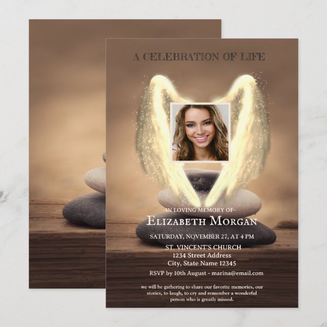 Angel Wings Zen Stones Photo Celebration Of Life Invitation (Front/Back)