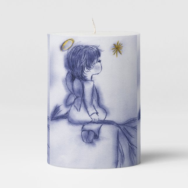 Angel Wishing On A Star - Blue Tint Pillar Candle (Front)