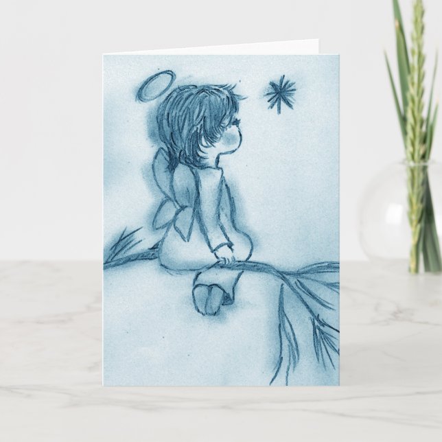 Angel Wishing On A Star - Lighter Blue Tint Holiday Card (Front)