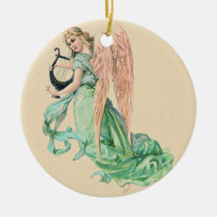 Angel with a Harp Christmas Ceramic Ornament